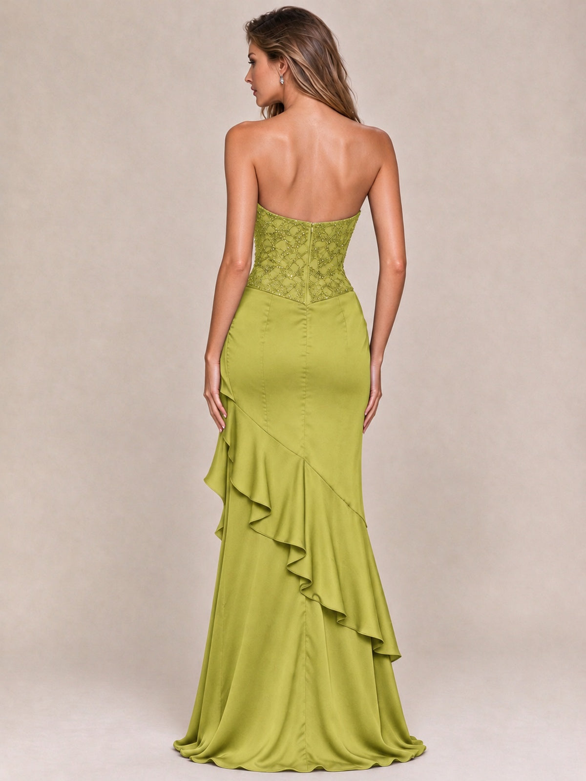 Strapless Lace Appliques Corset Satin Prom Dress Ruffle Slit Evening Gown