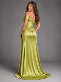 Off Shoulder Satin Maxi Dress with Slit