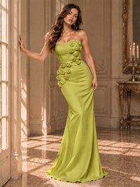 White Strapless Mermaid Maxi Dress with 3D Floral Appliques