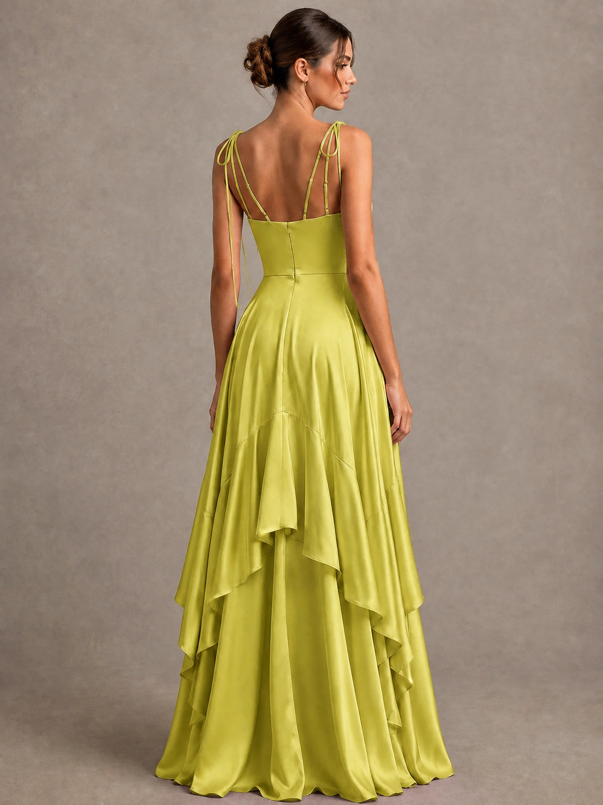 Lavender Satin V-Neck Ruffle Maxi Dress