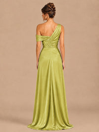 Satin One Shoulder Prom Dress Ruched Long Formal Evening Gown