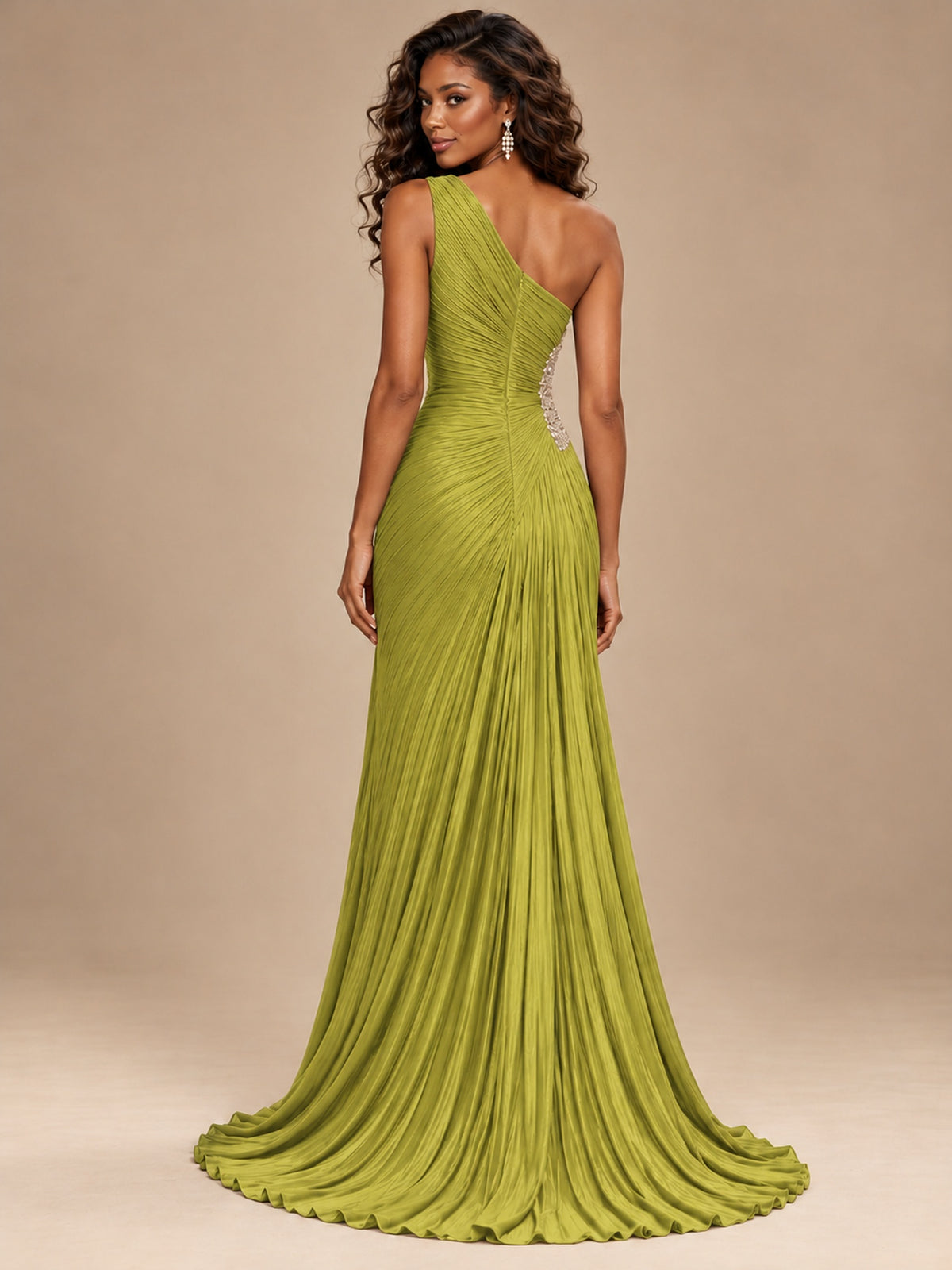 Burgundy One Shoulder Ruched Prom Dress with High Slit & Beaded Waist