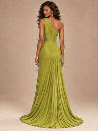 Burgundy One Shoulder Ruched Prom Dress with High Slit & Beaded Waist