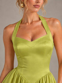 Light Yellow Halter Neck Satin A-Line Maxi Dress with Pockets