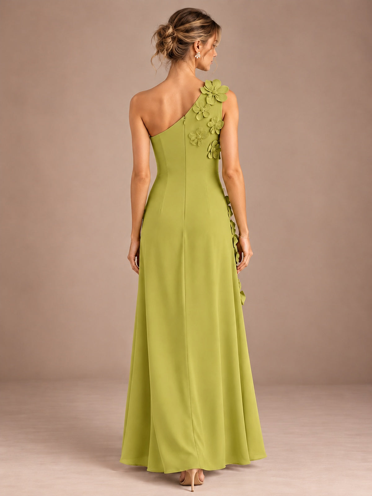 Sage Green One Shoulder Satin Formal Maxi Dress with 3D Floral