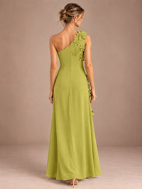 Sage Green One Shoulder Satin Formal Maxi Dress with 3D Floral
