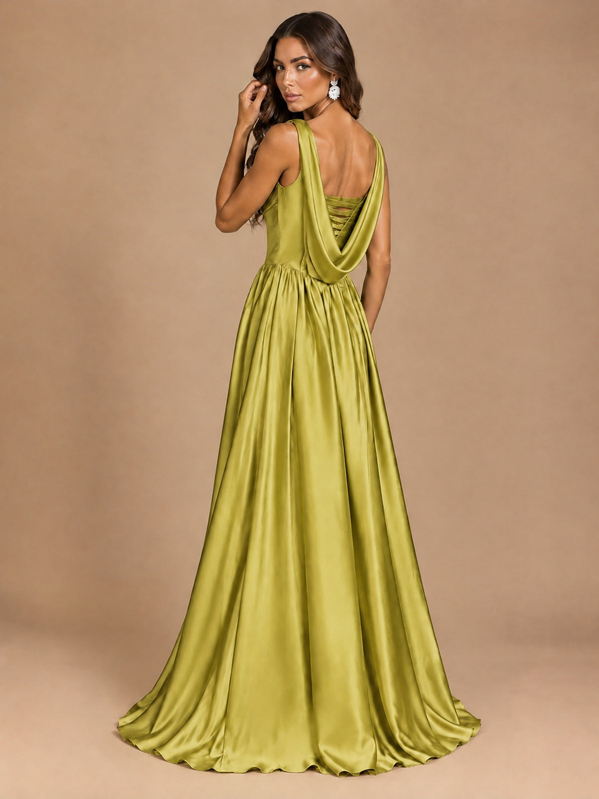 Cowl Neck Pleated Satin Prom Dress with Pockets & Slit Maxi Formal Gowns