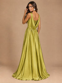 Cowl Neck Pleated Satin Prom Dress with Pockets & Slit Maxi Formal Gowns