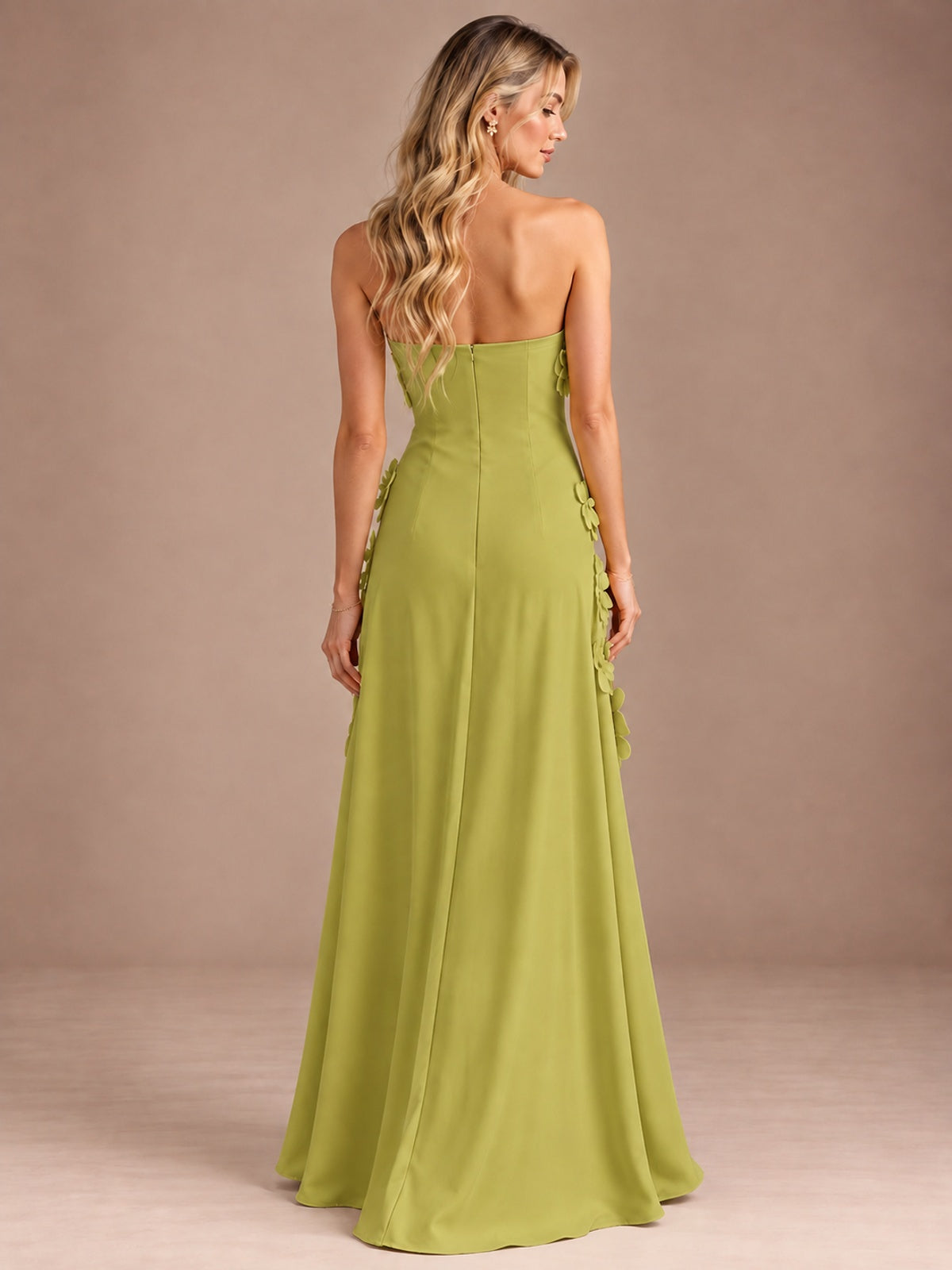 Yellow Strapless A-line Satin Maxi Dress with 3D Floral