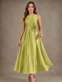 Tea-Length Satin Mother of the Bride Dress with 3D Flower Detail