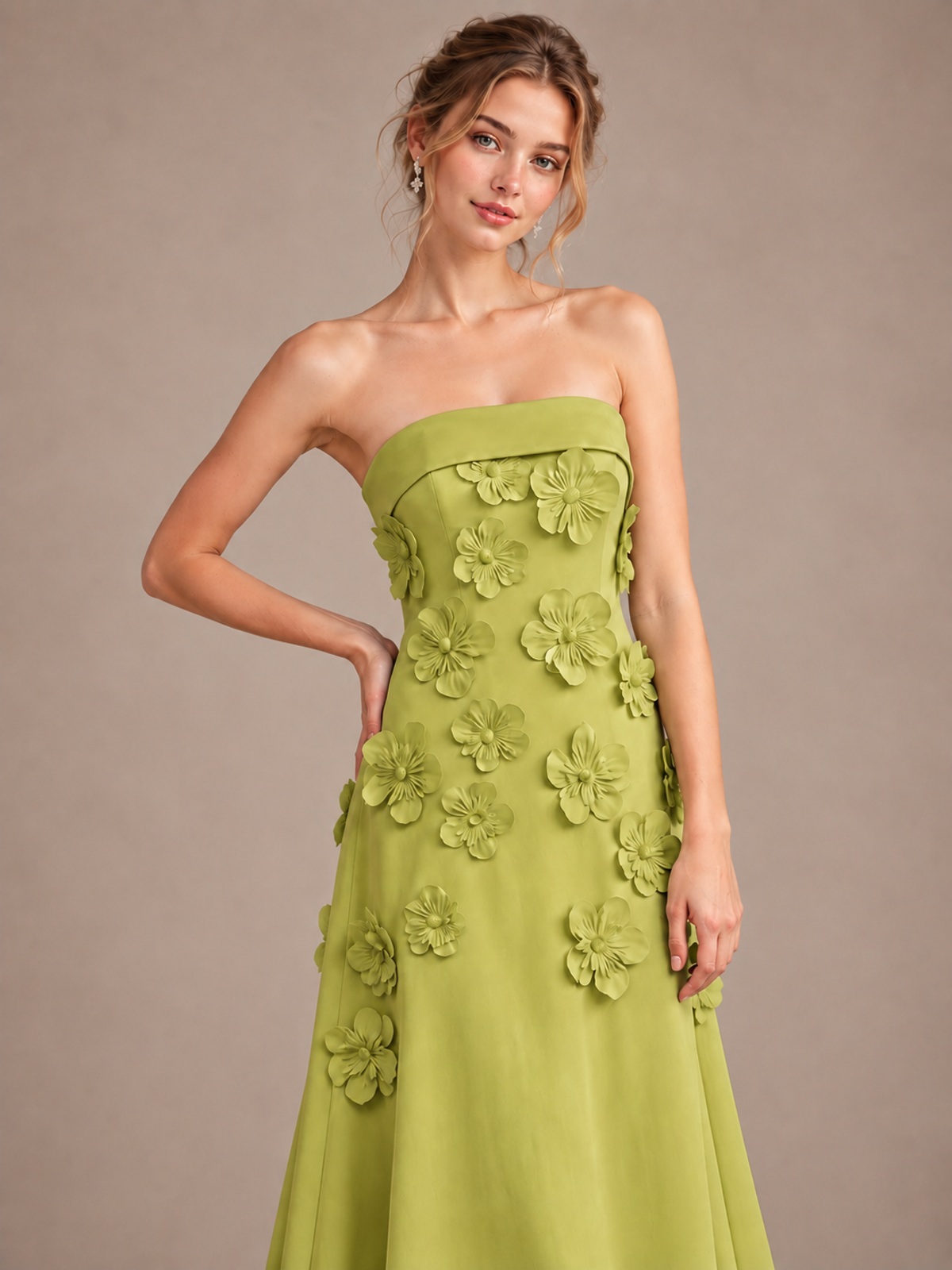 Yellow Strapless 3D Floral Appliques Maxi Dress