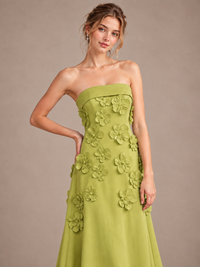 Yellow Strapless 3D Floral Appliques Maxi Dress