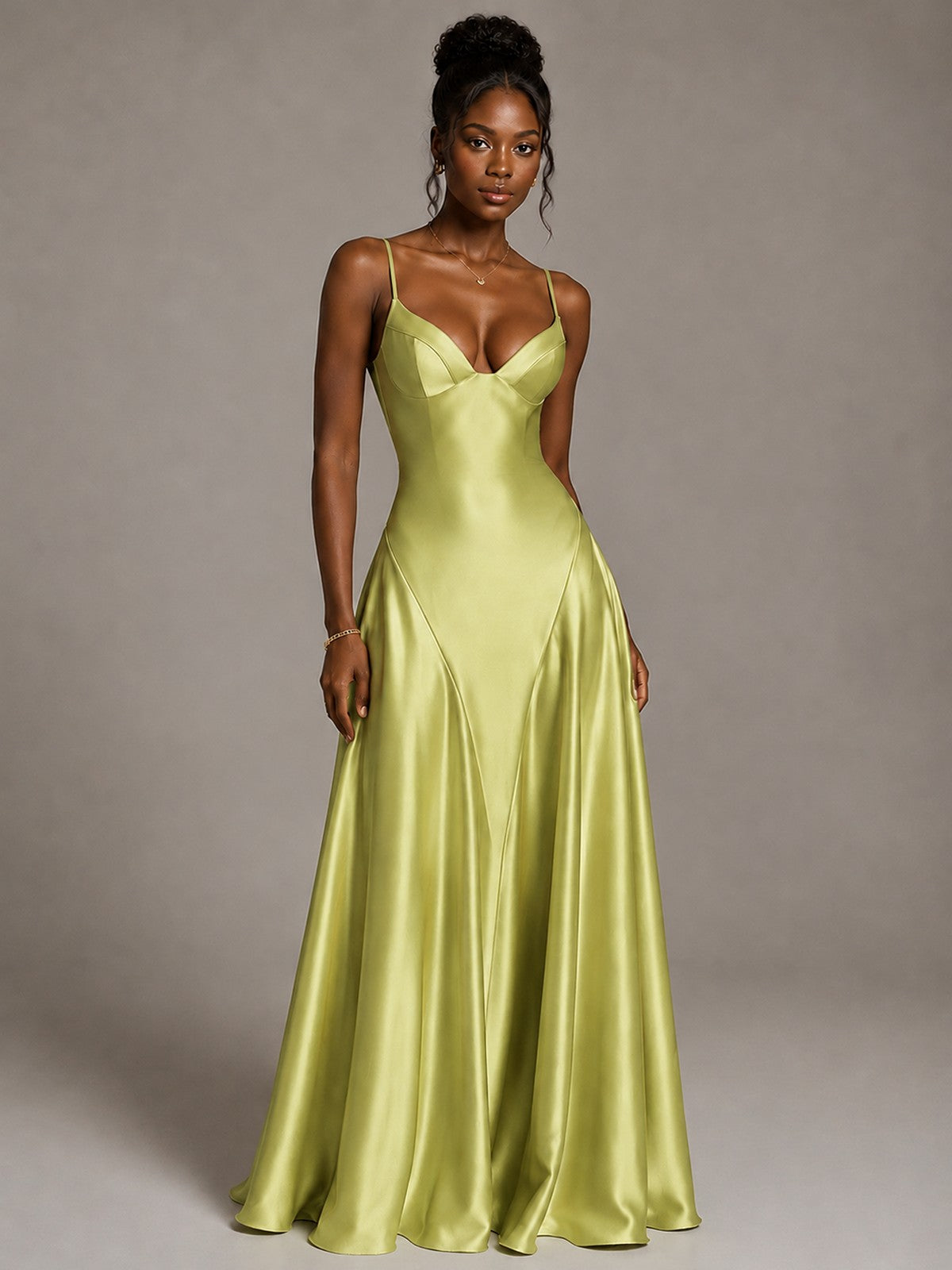 Lavender V Neck Satin Prom Dress with Spaghetti Straps
