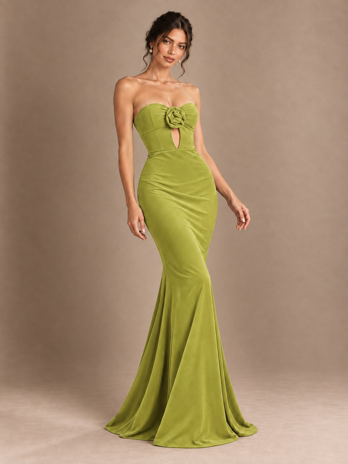 Emerald Green Strapless Mermaid Prom Dress with 3D Rose & Keyhole Cutout