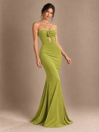 Emerald Green Strapless Mermaid Prom Dress with 3D Rose & Keyhole Cutout