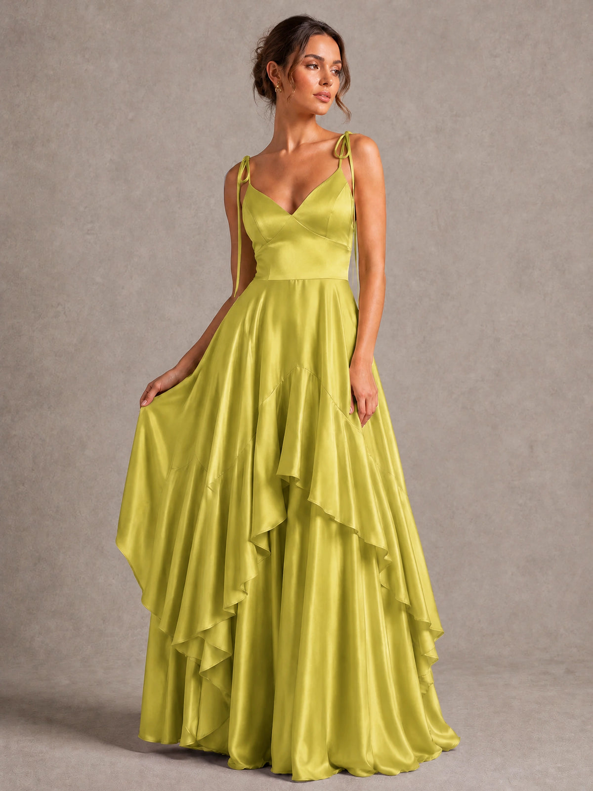 Lavender Satin V-Neck Ruffle Maxi Dress
