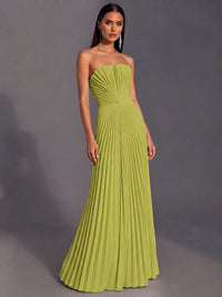 Strapless A-line Long Pleated Satin Prom Dress