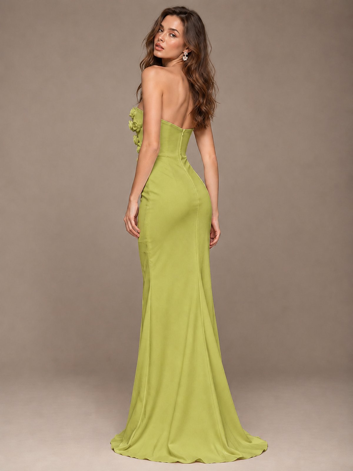 White Strapless Mermaid Maxi Dress with 3D Floral Appliques