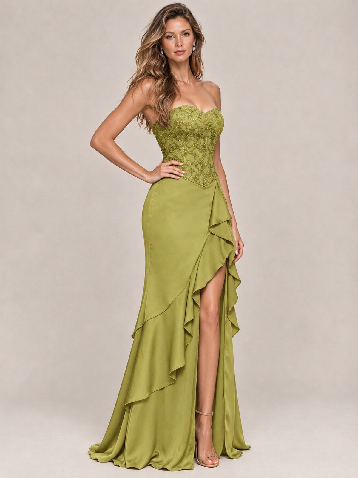 Strapless Lace Appliques Corset Satin Prom Dress Ruffle Slit Evening Gown