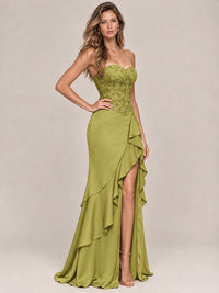 Strapless Lace Appliques Corset Satin Prom Dress Ruffle Slit Evening Gown