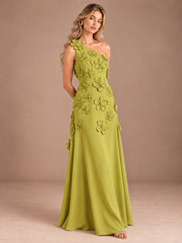 Sage Green One Shoulder Satin Formal Maxi Dress with 3D Floral