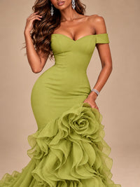 Dusty Blue Off-the-Shoulder Mermaid Prom Dress with 3D Rose & Ruffles