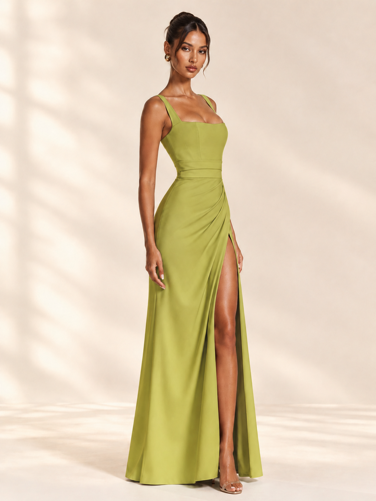 Square Neck Satin Sleeveless Ruched Prom Dress with High Slit