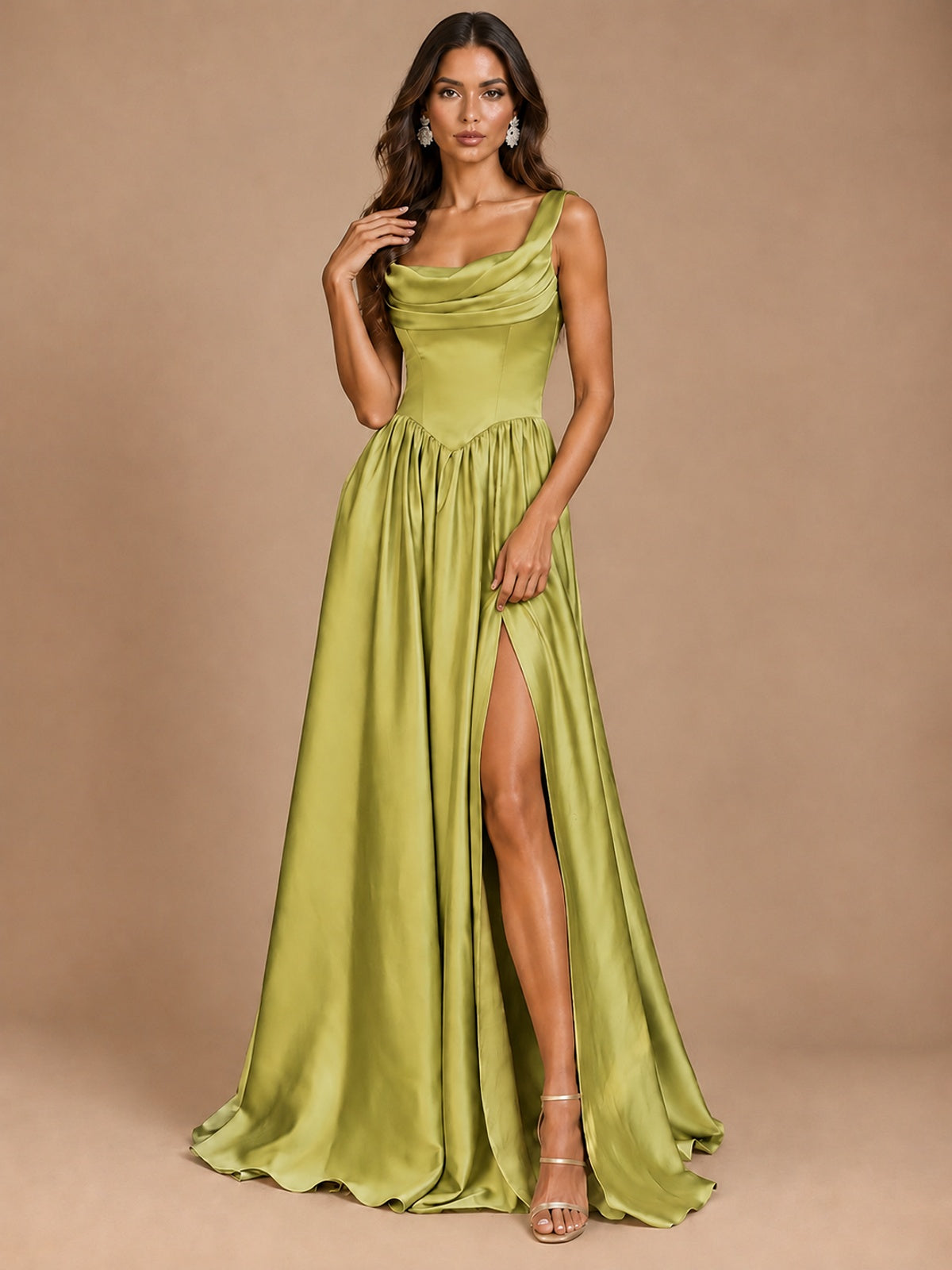 Cowl Neck Pleated Satin Prom Dress with Pockets & Slit Maxi Formal Gowns
