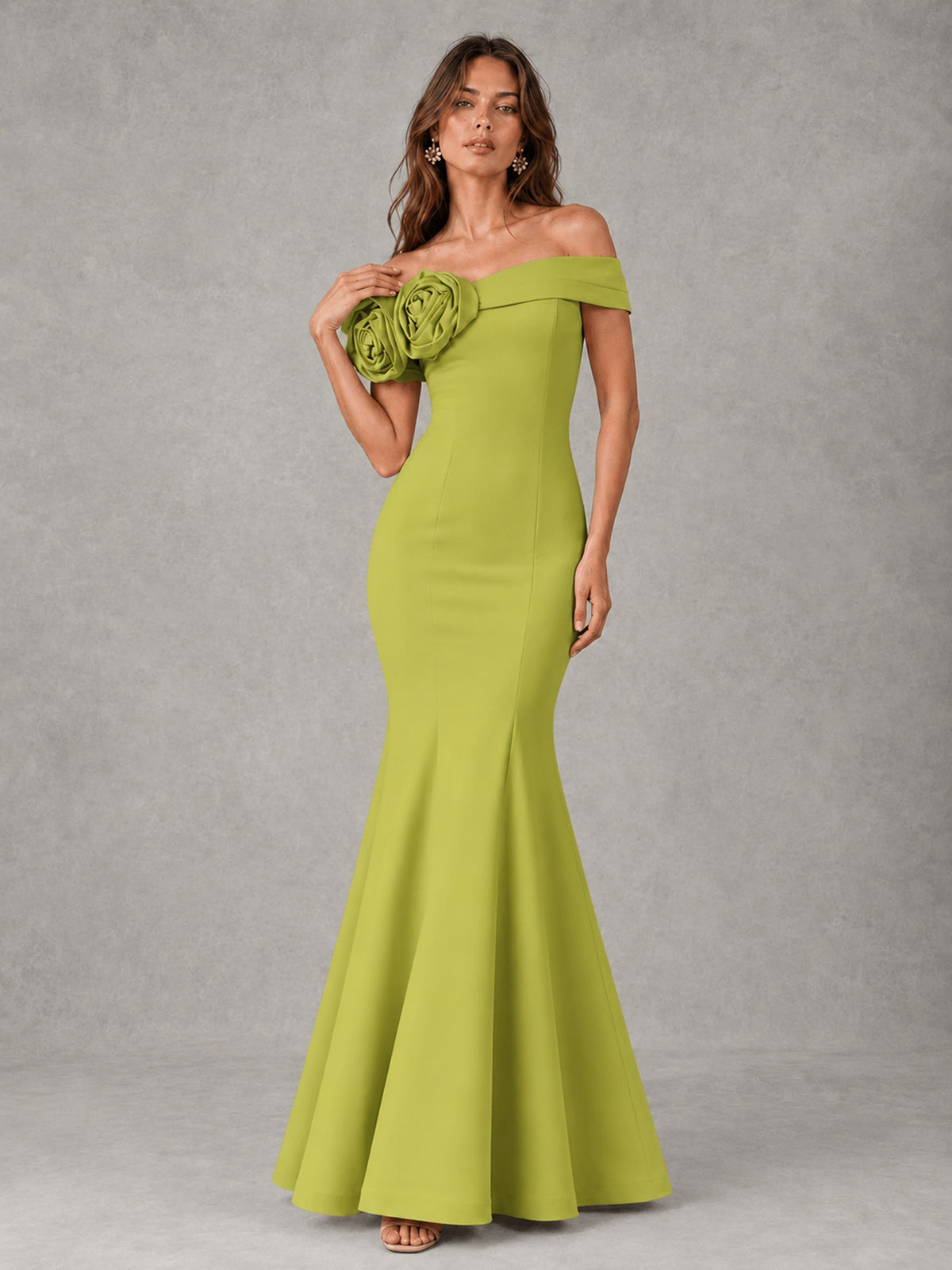 Blush Pink Off Shoulder Mermaid Bridesmaid Dress with Floral Rosette