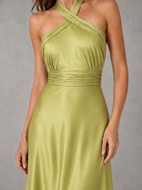 Sage Green Satin A-Line Bridesmaid Dress with Halter Neck