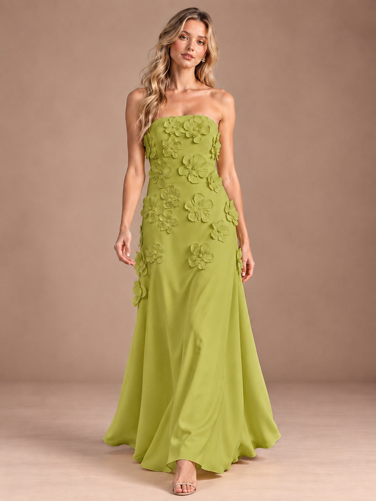 Yellow Strapless A-line Satin Maxi Dress with 3D Floral