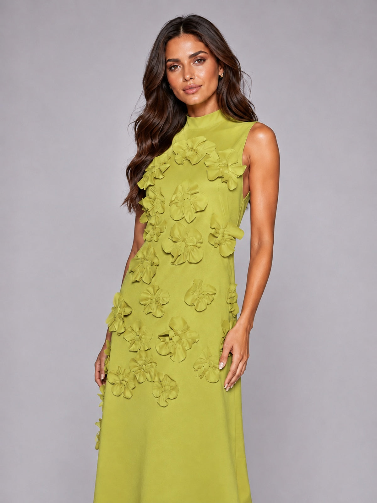 3D Floral Applique High Neck Prom Maxi Dress