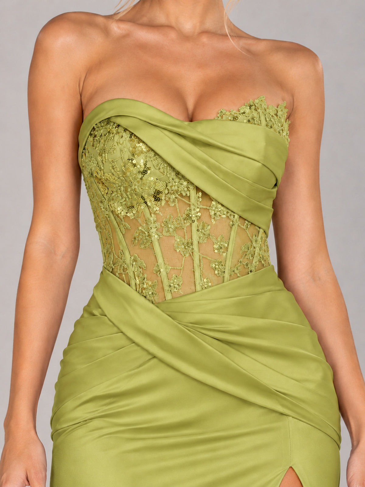 Strapless Satin Prom Dress with Sheer Lace Corset & High Slit