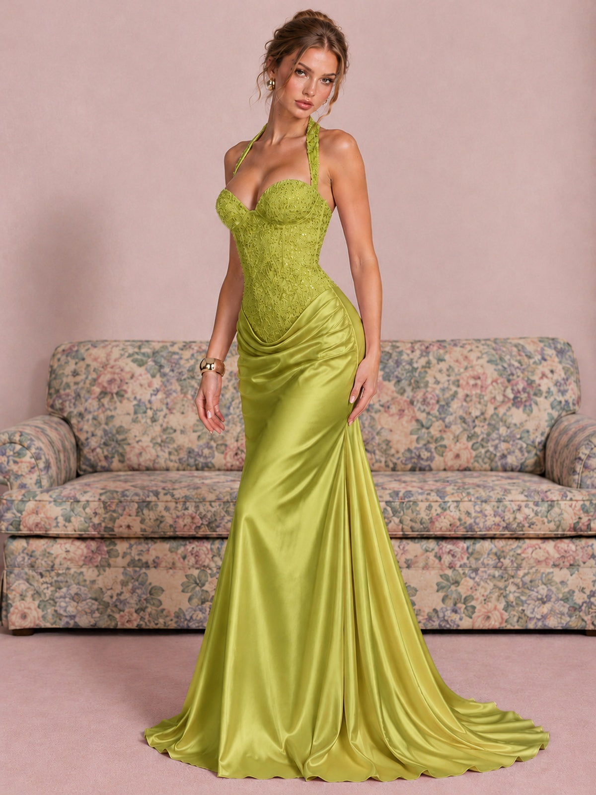 Sparkling Halter Corset Satin Mermaid Prom Dress