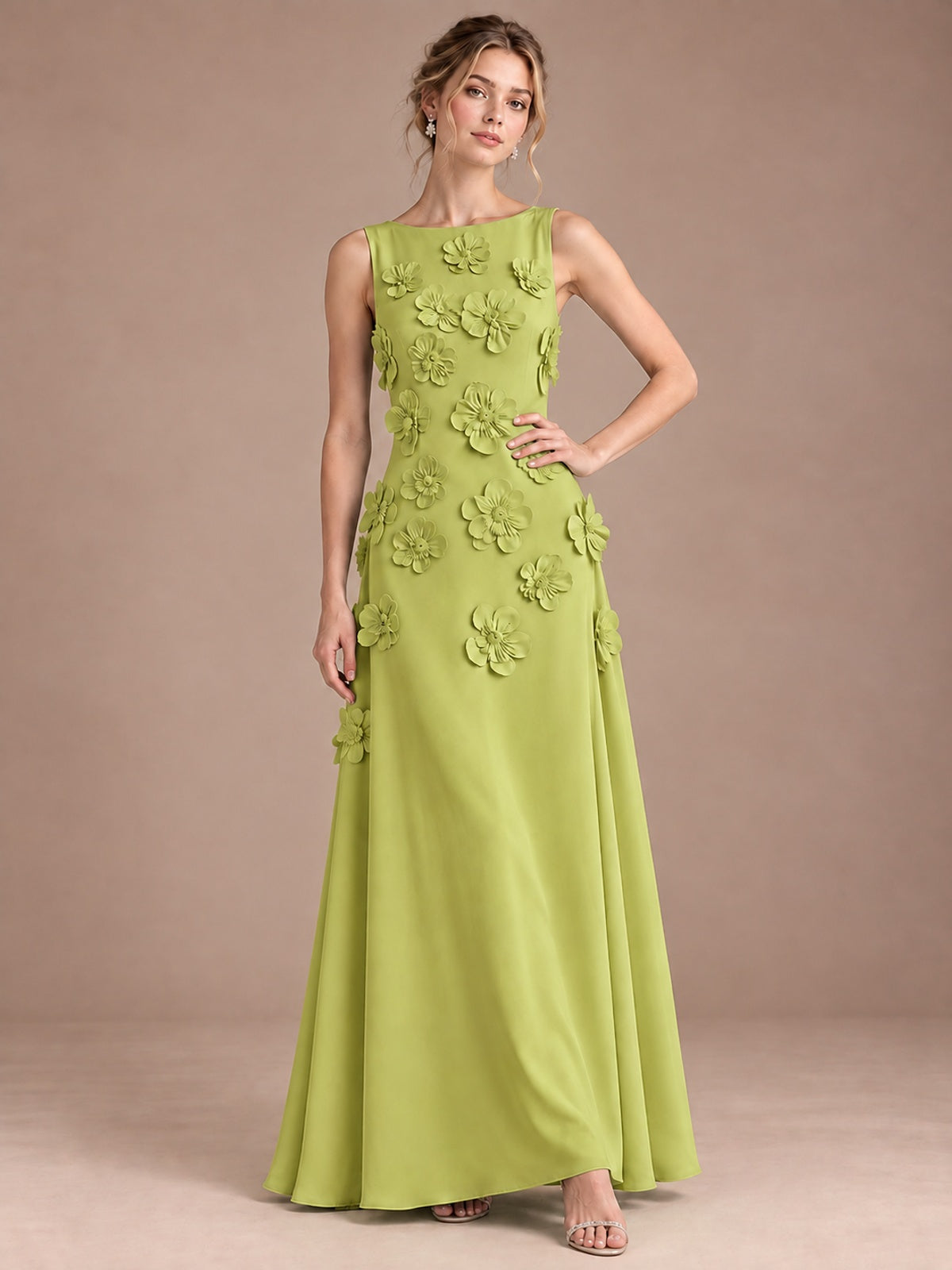 3D Floral Applique Sleeveless Formal Maxi Dress