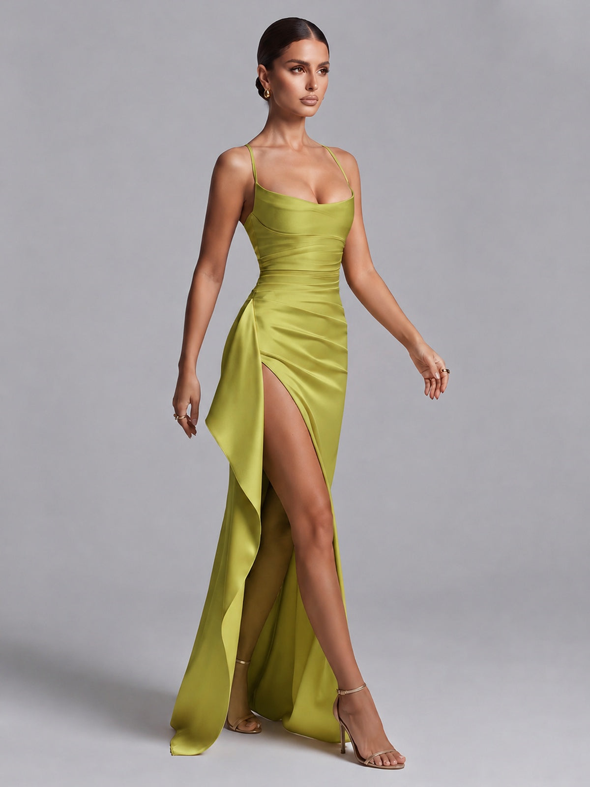 Square Neck Satin Long Prom Dress with Ruffles