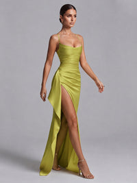 Square Neck Satin Long Prom Dress with Ruffles