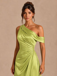 Satin One Shoulder Prom Dress Ruched Long Formal Evening Gown