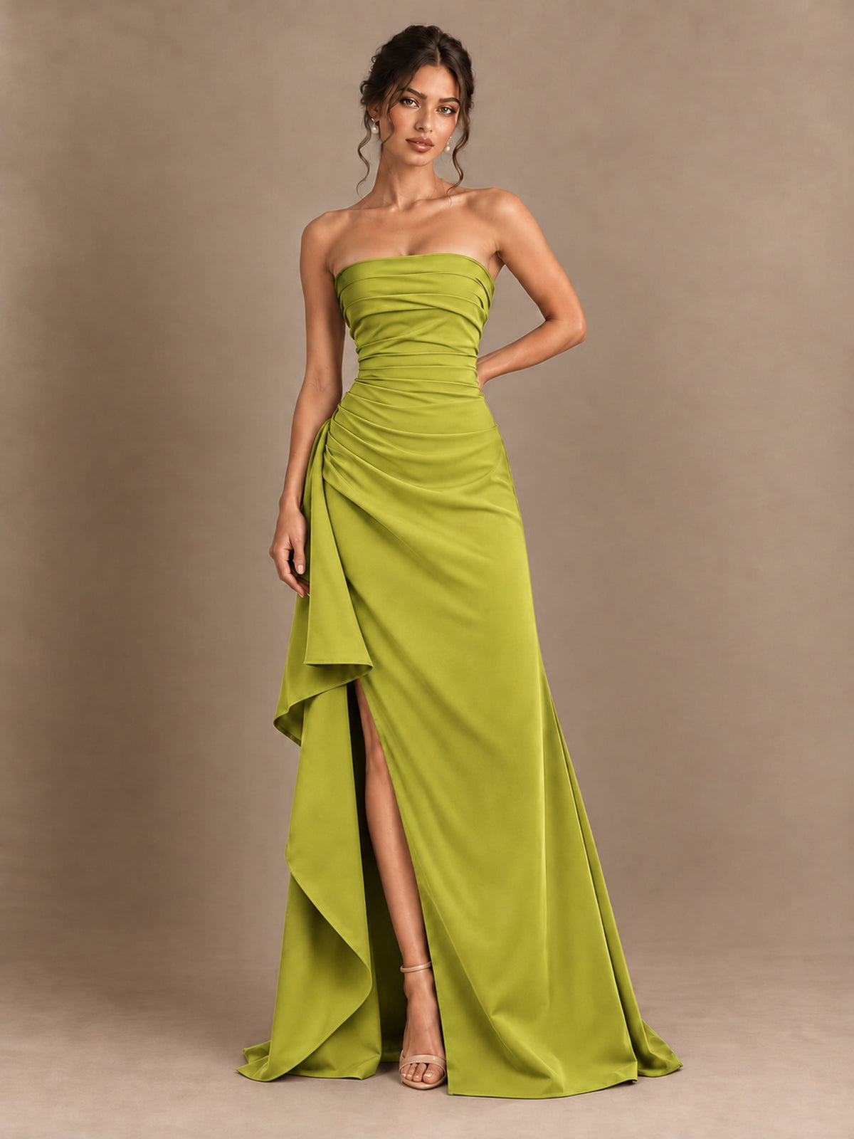 Black and White Strapless Ruched Prom Dress with High Slit & Side Drape
