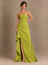 Black and White Strapless Ruched Prom Dress with High Slit & Side Drape