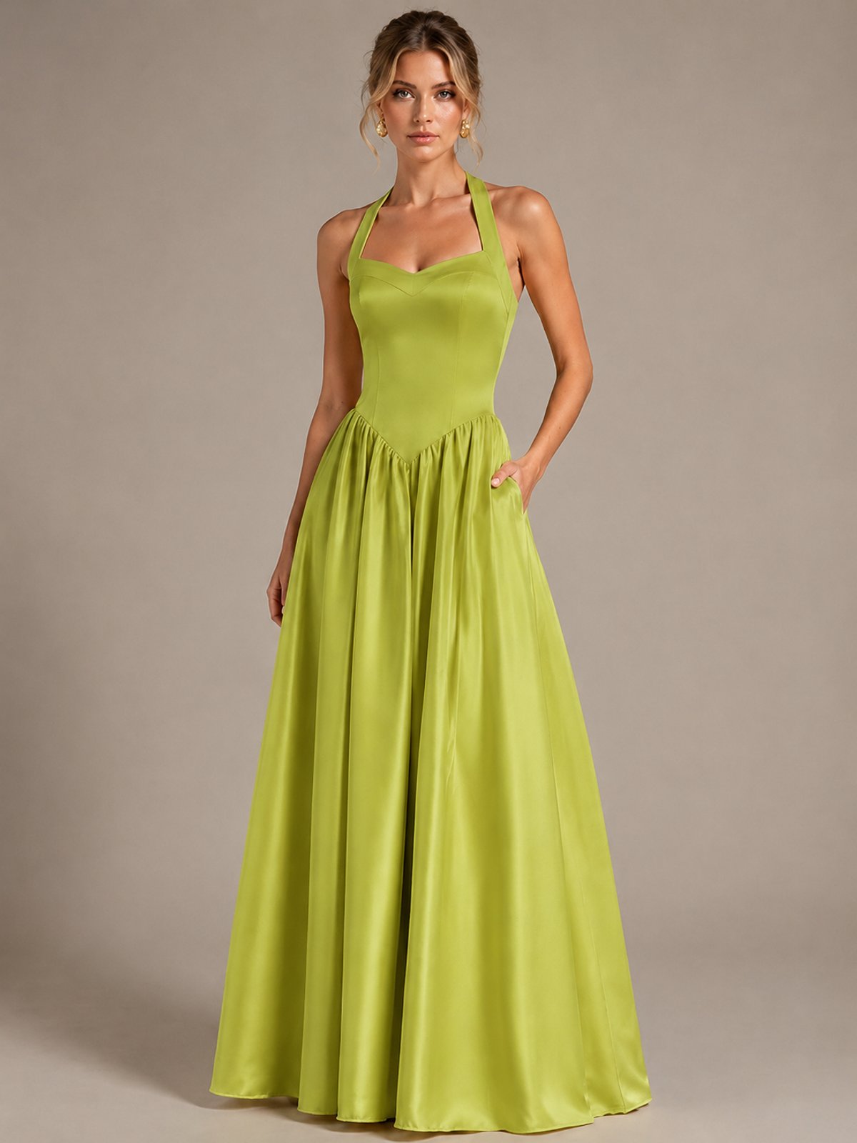 Light Yellow Halter Neck Satin A-Line Maxi Dress with Pockets