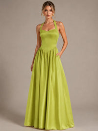 Light Yellow Halter Neck Satin A-Line Maxi Dress with Pockets
