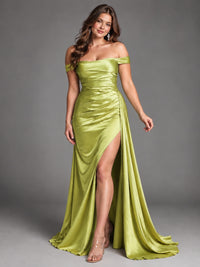 Off Shoulder Satin Maxi Dress with Slit
