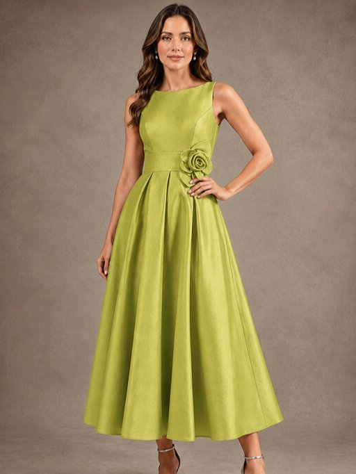 Tea-Length Satin Mother of the Bride Dress with 3D Flower Detail