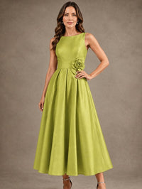 Tea-Length Satin Mother of the Bride Dress with 3D Flower Detail