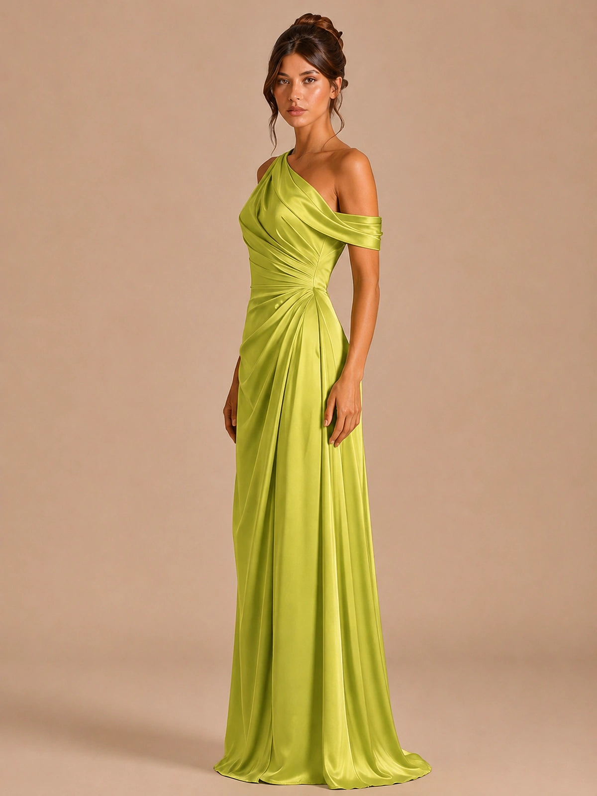 Satin One Shoulder Prom Dress Ruched Long Formal Evening Gown