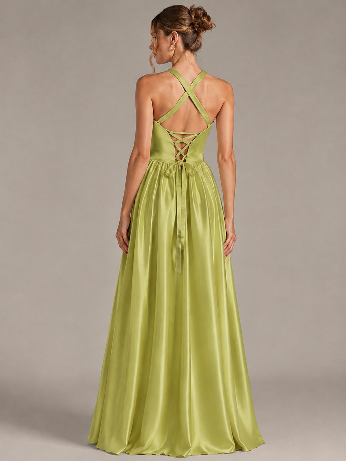 Light Yellow Halter Neck Satin A-Line Maxi Dress with Pockets