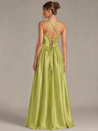 Light Yellow Halter Neck Satin A-Line Maxi Dress with Pockets