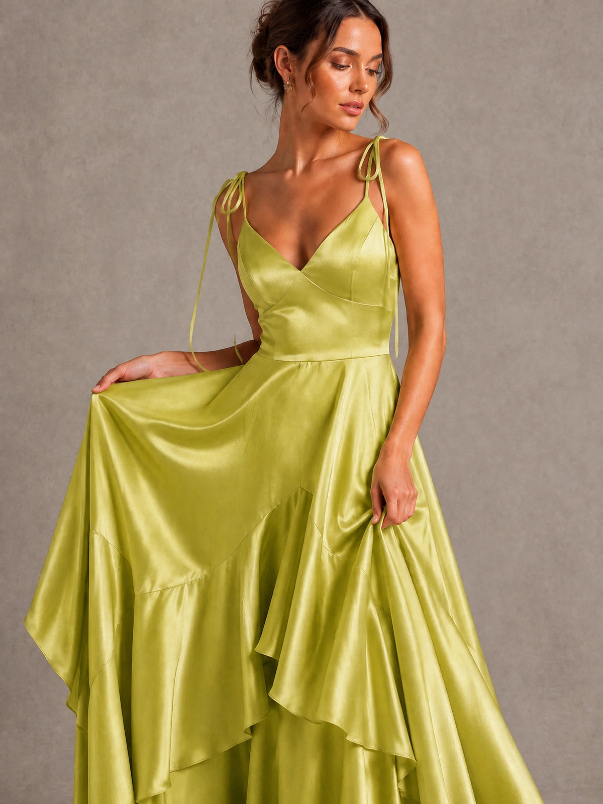 Lavender Satin V-Neck Ruffle Maxi Dress