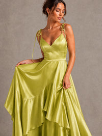 Lavender Satin V-Neck Ruffle Maxi Dress